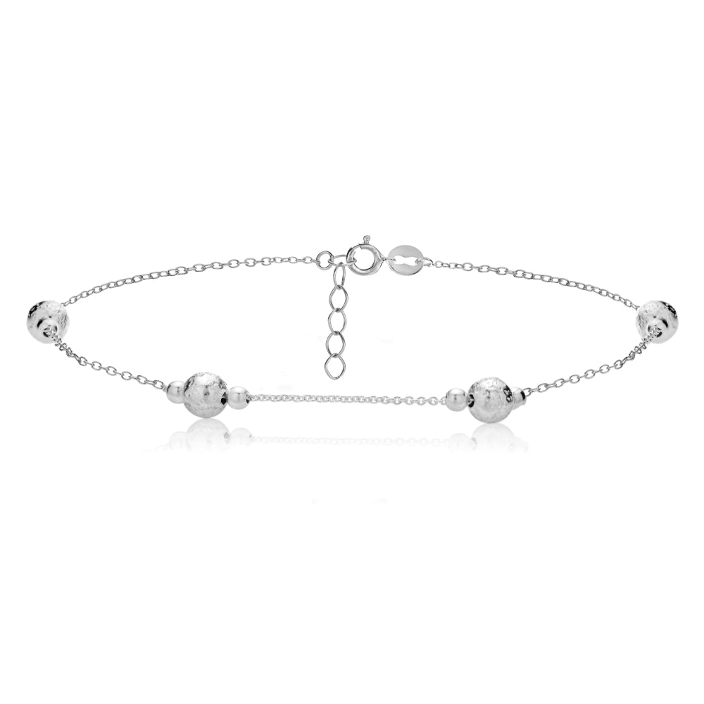 Sterling Silver Textured and Polished Round Beads Chain Anklet
