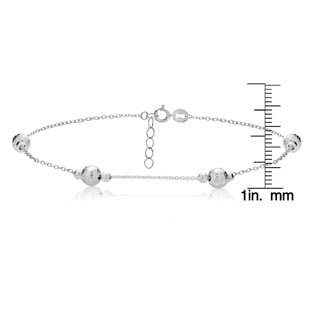 Sterling Silver Textured and Polished Round Beads Chain Anklet