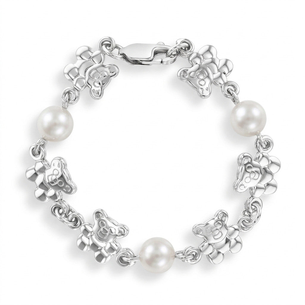 Teddy Bear & Pearl Baby Bracelet — 925 Sterling Silver