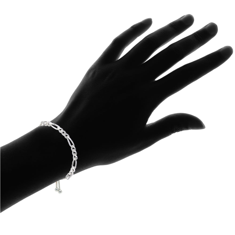 Sterling Silver Thin Figaro Link Chain Adjustable Pull-String Bracelet