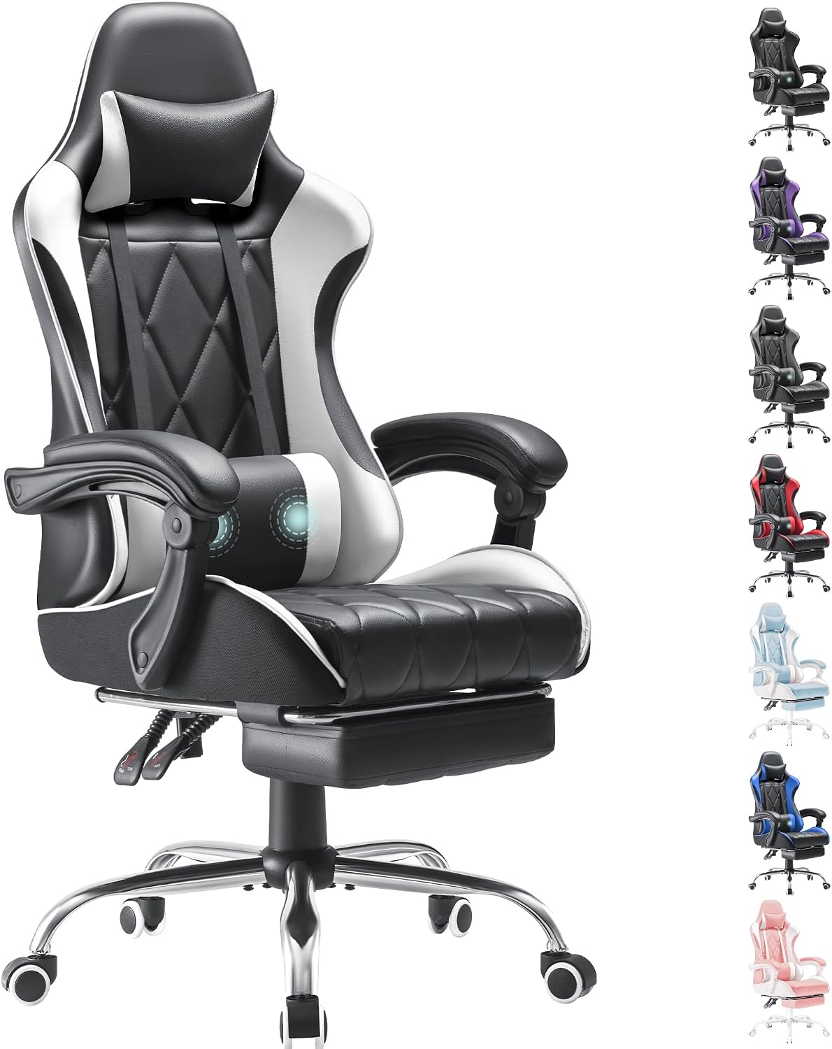 Gaming Chair with Massage Lumbar + Retractable Footrest
