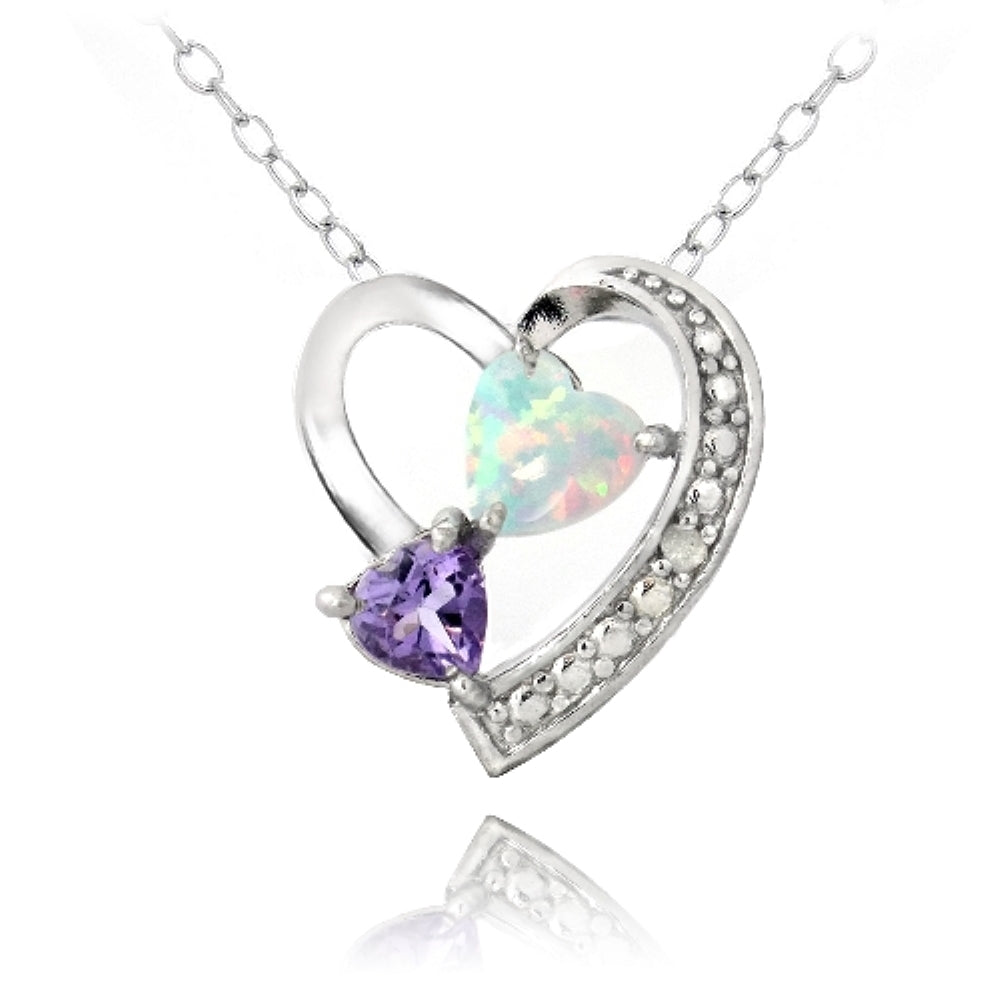 Sterling Silver Diamond Accent Amethyst & White Opal Triple Heart Necklace