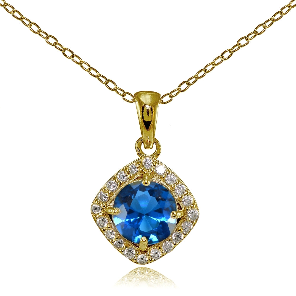 Yellow Gold Flashed Sterling Silver London Blue Topaz 7mm Round and CZ Accents Necklace