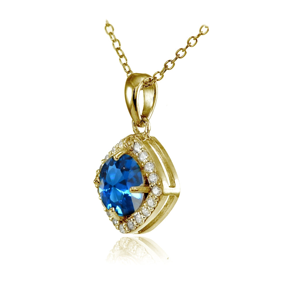 Yellow Gold Flashed Sterling Silver London Blue Topaz 7mm Round and CZ Accents Necklace