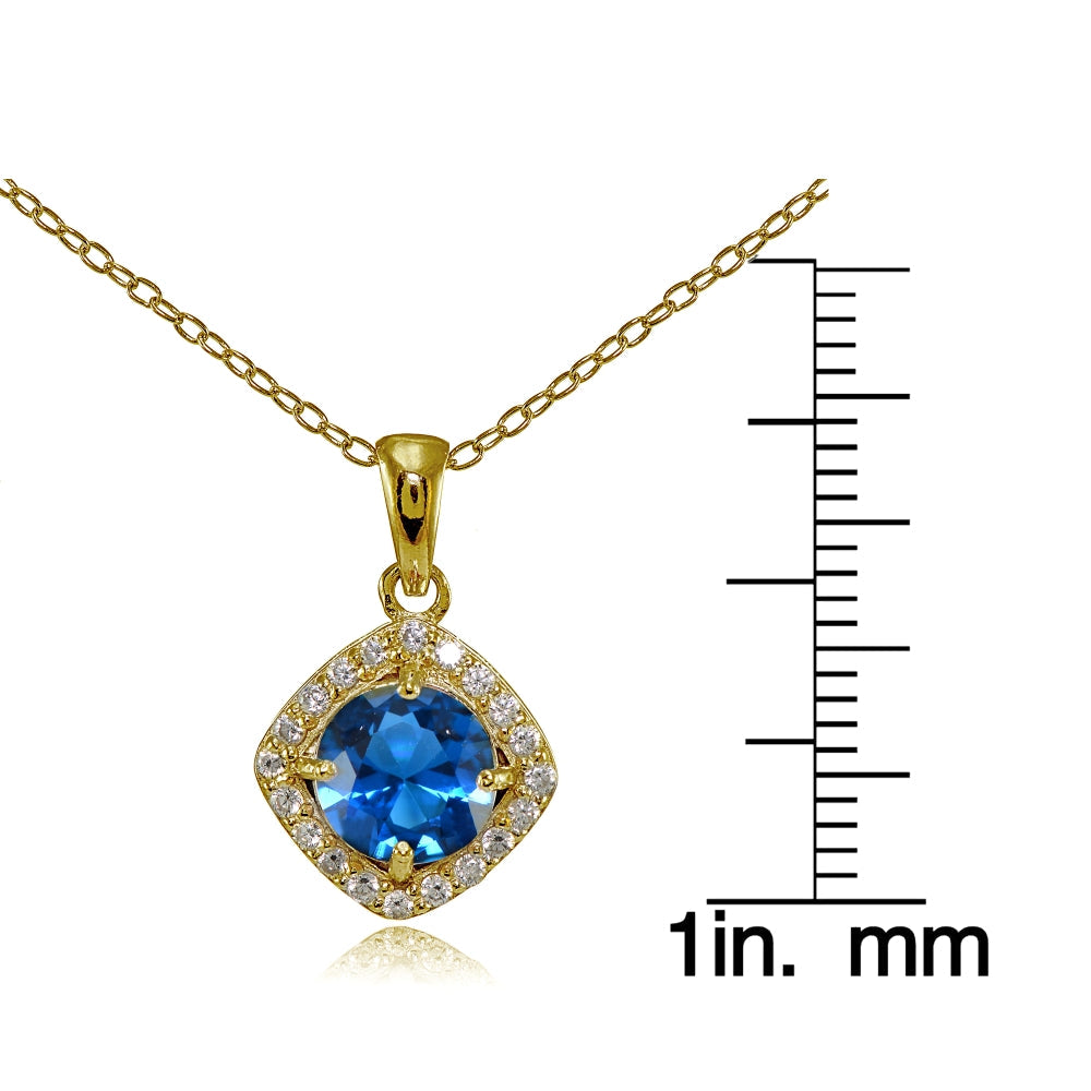 Yellow Gold Flashed Sterling Silver London Blue Topaz 7mm Round and CZ Accents Necklace