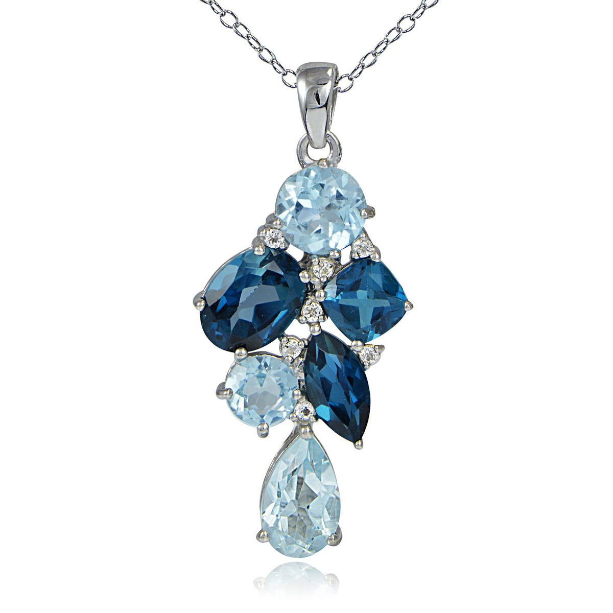 Sterling Silver London Blue Blue Topaz and White Topaz Tonal Cluster Necklace
