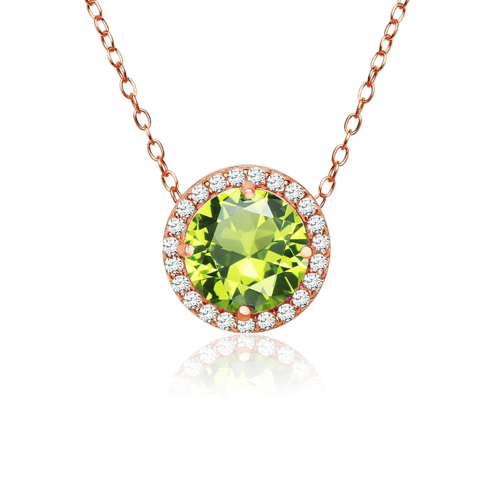 Rose Gold Flashed Sterling Silver Peridot and Cubic Zirconia Round Halo Necklace
