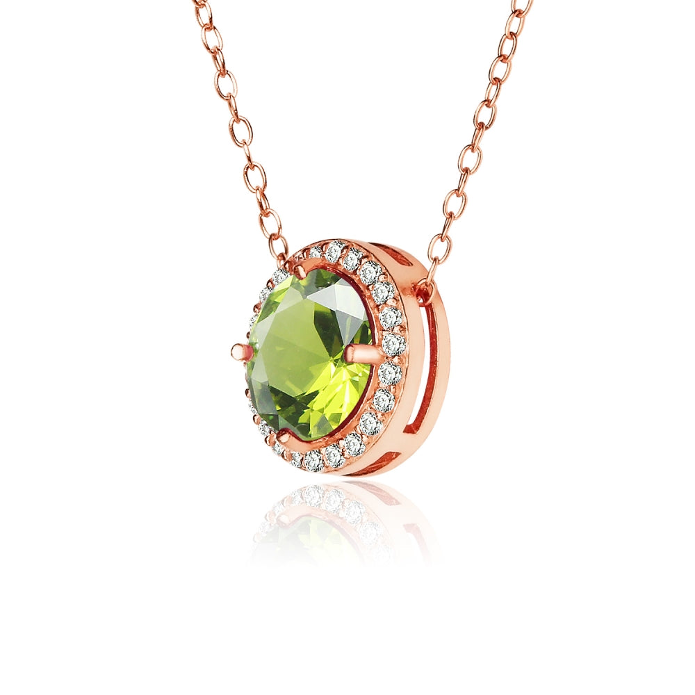 Rose Gold Flashed Sterling Silver Peridot and Cubic Zirconia Round Halo Necklace