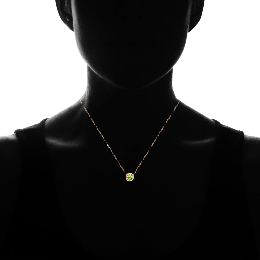 Rose Gold Flashed Sterling Silver Peridot and Cubic Zirconia Round Halo Necklace