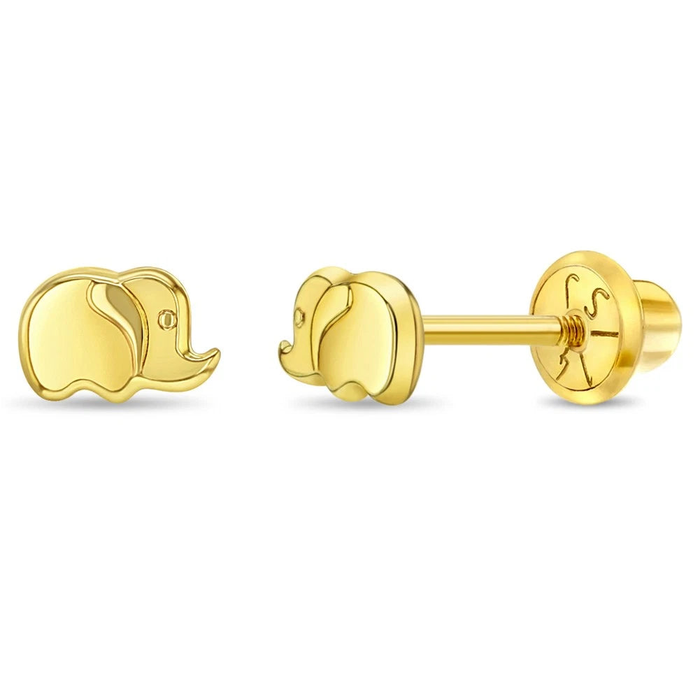 14K Yellow Gold Lucky Elephant Screw-Back Stud Earrings