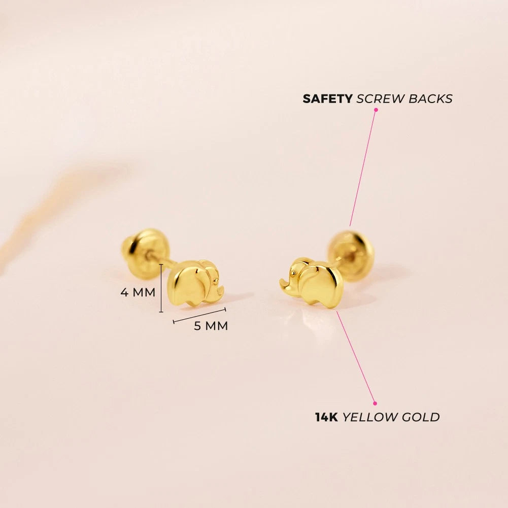 14K Yellow Gold Lucky Elephant Screw-Back Stud Earrings