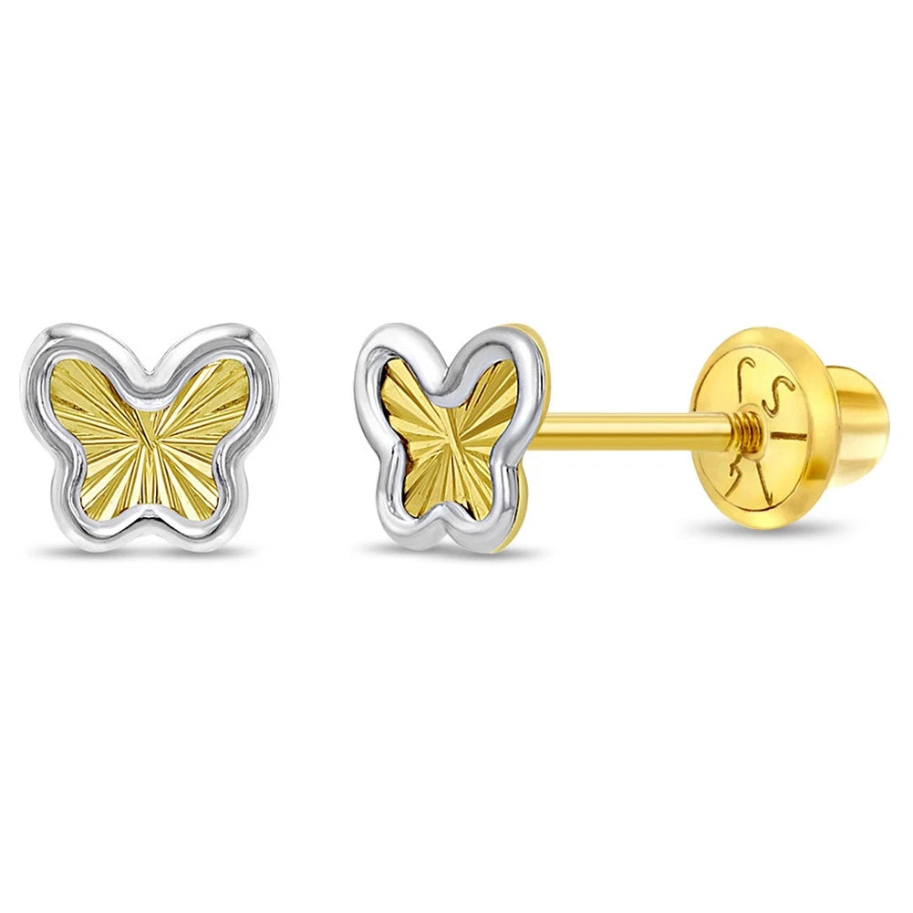 14K Two-Tone Gold Butterfly Screw-Back Stud Earrings for Girls