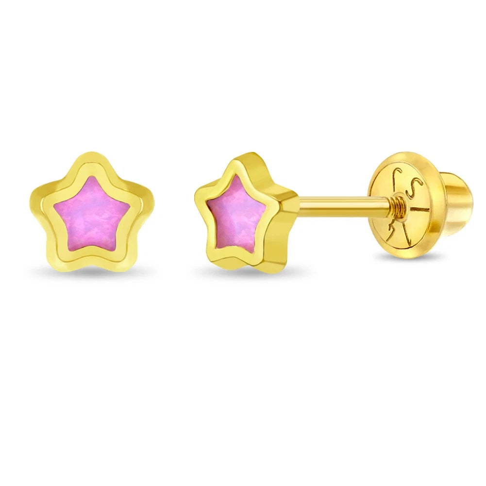 14K Gold Pink Enamel Star Screw-Back Stud Earrings