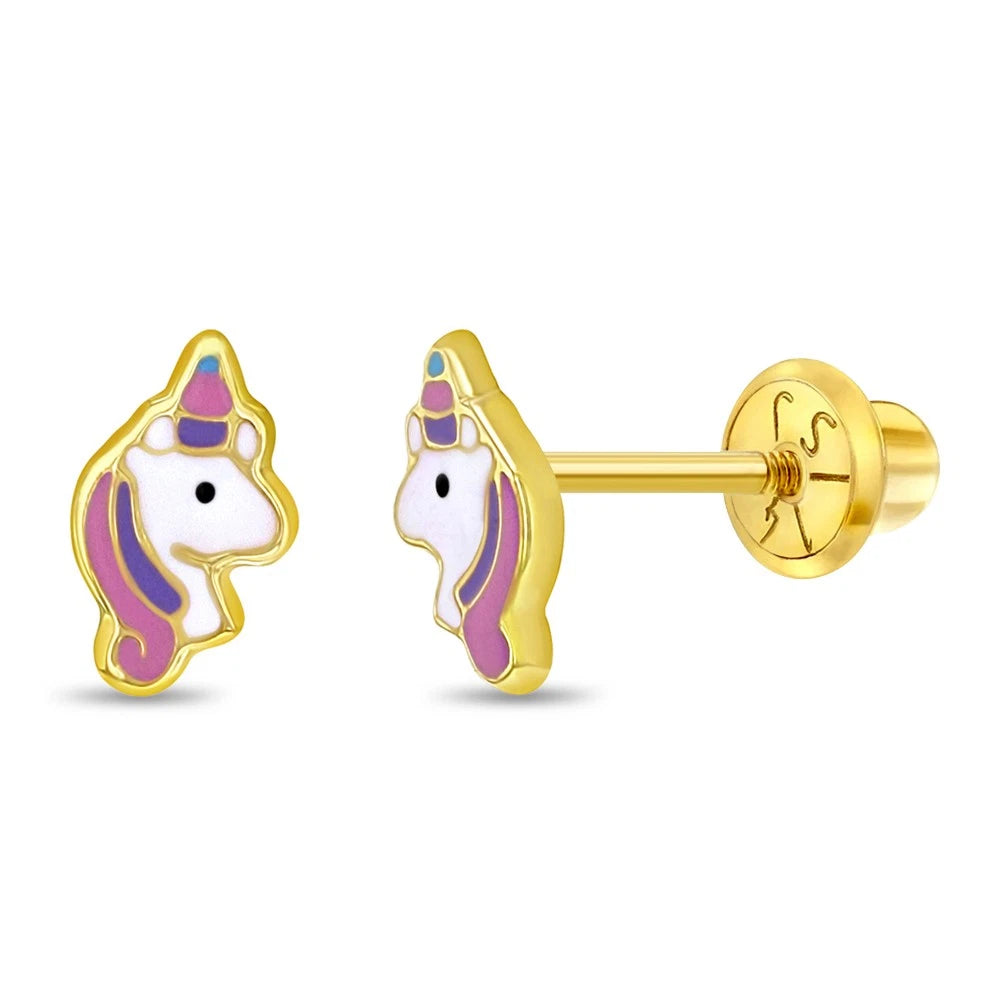 14K Gold Pastel Enamel Unicorn Screw-Back Stud Earrings for Girls