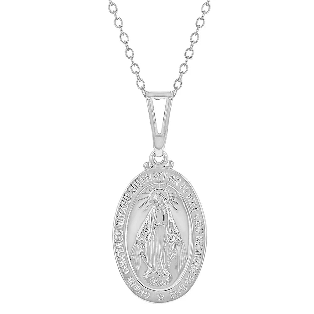 Sterling Silver Virgin Mary Oval Medallion Necklace for Girls (19")