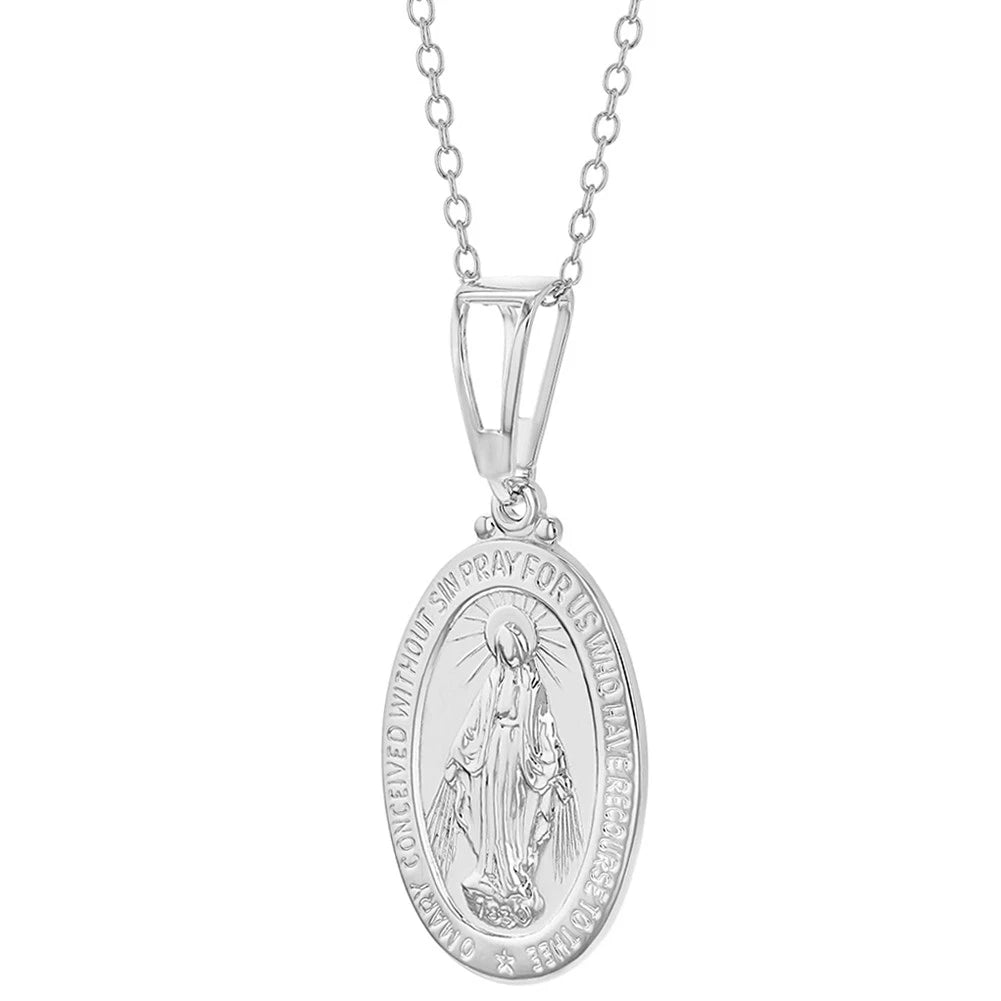 Sterling Silver Virgin Mary Oval Medallion Necklace for Girls (19")