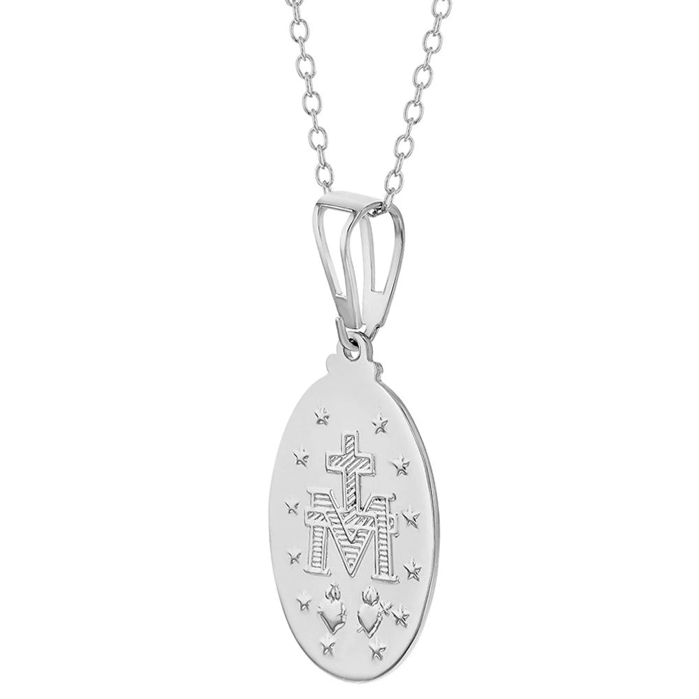 Sterling Silver Virgin Mary Oval Medallion Necklace for Girls (19")
