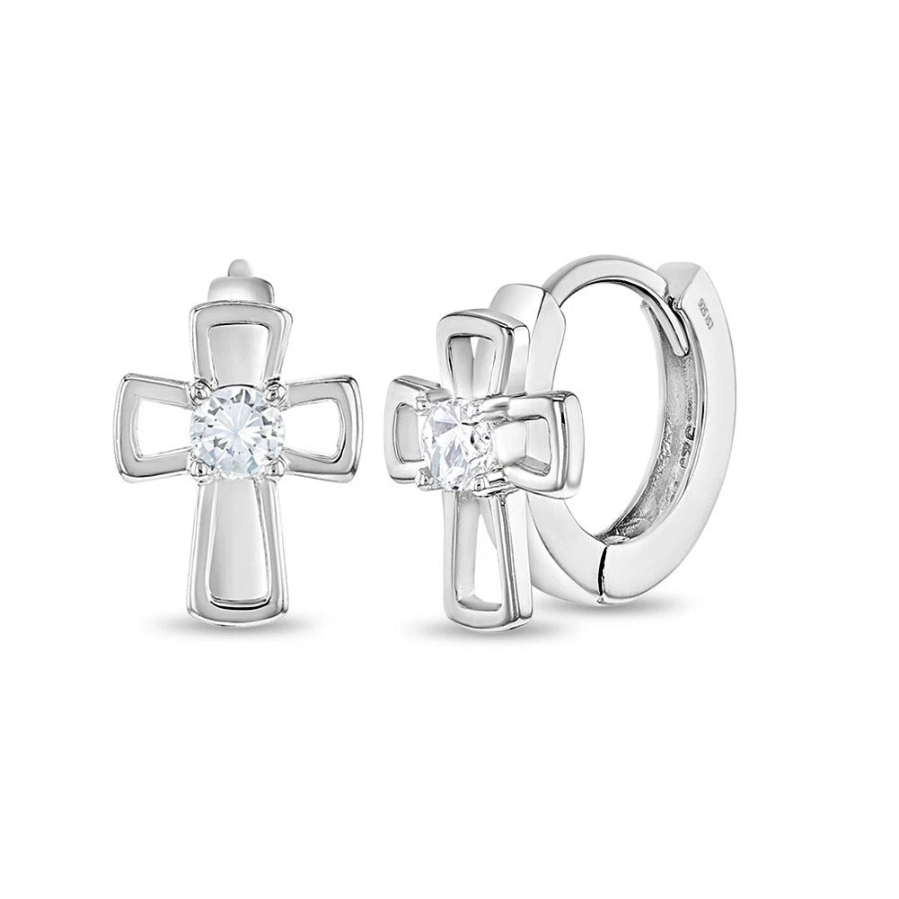 Sterling Silver CZ Cross Hoop Earrings for Kids