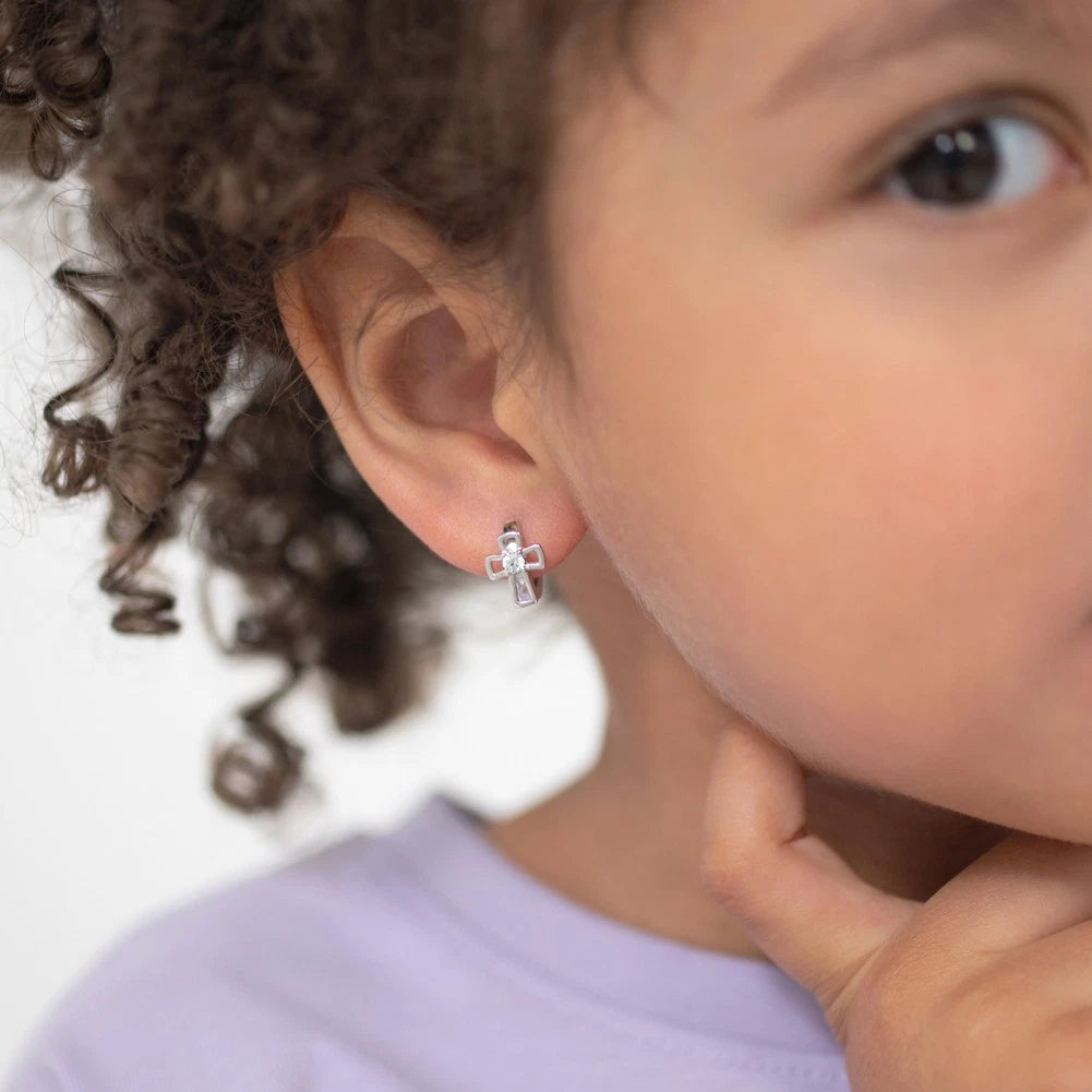 Sterling Silver CZ Cross Hoop Earrings for Kids