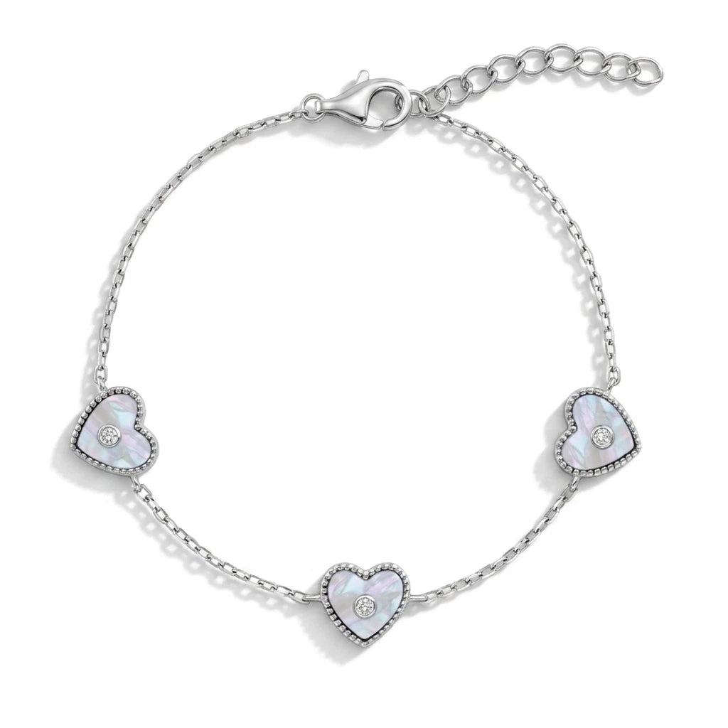 Sterling Silver Pearl and CZ Heart Bracelet for Girls