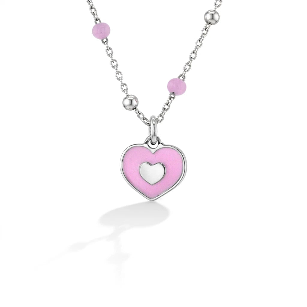 Sterling Silver Pink Enamel Heart Necklace for Girls