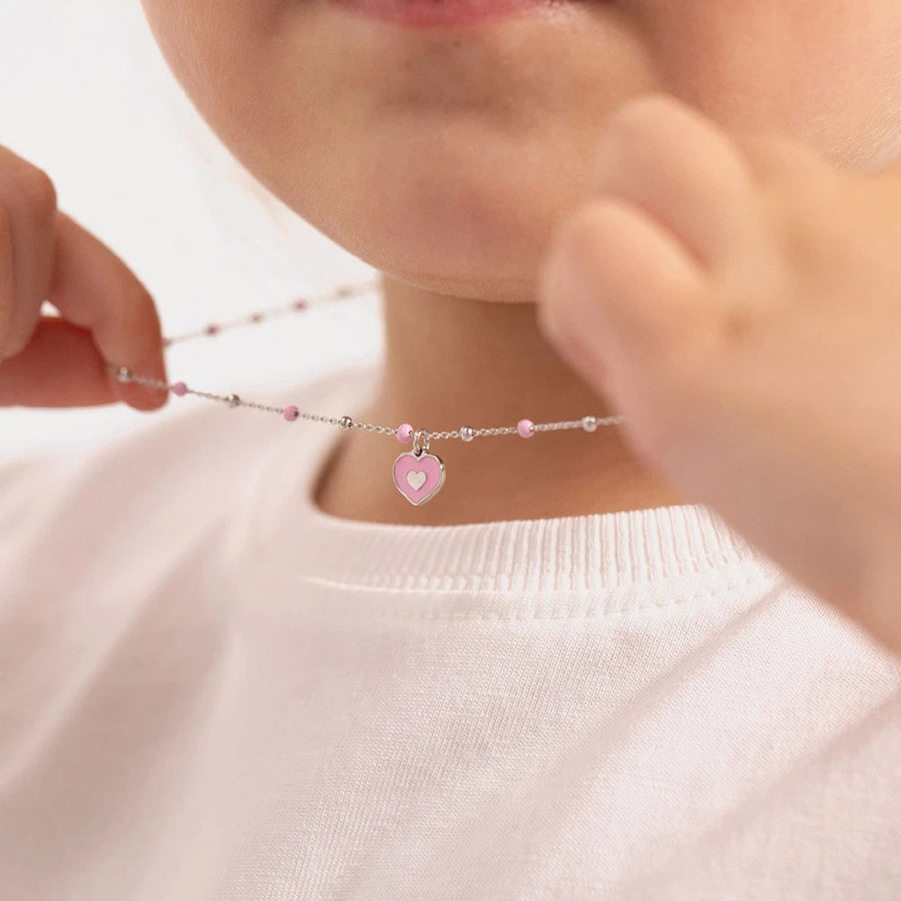 Sterling Silver Pink Enamel Heart Necklace for Girls