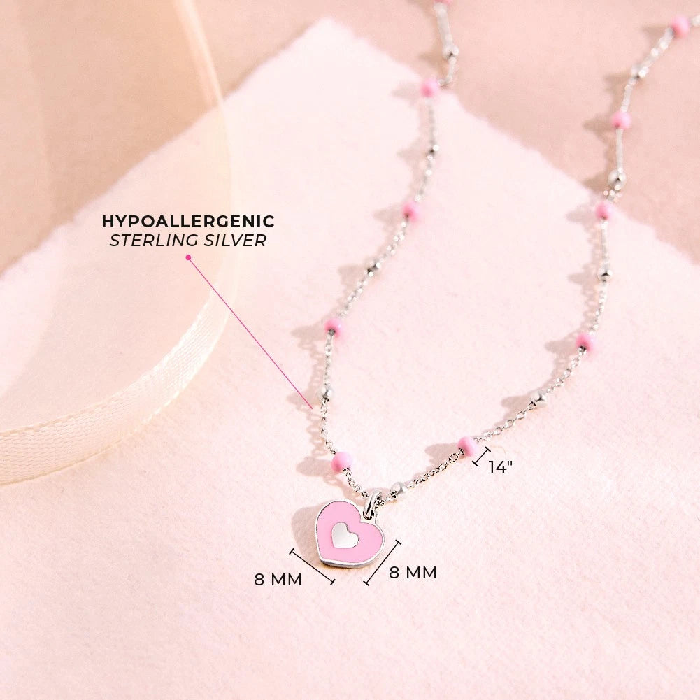 Sterling Silver Pink Enamel Heart Necklace for Girls