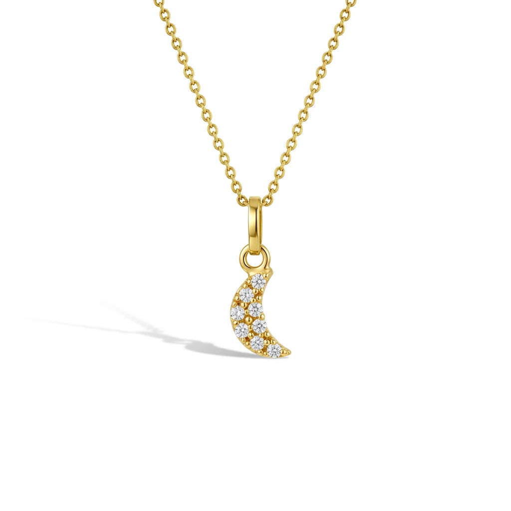 14K Gold CZ Tiny Moon Necklace for Kids