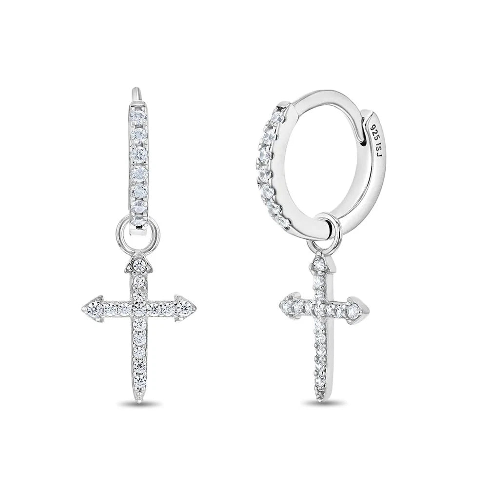 Sterling Silver CZ Cross Hoop Dangle Earrings for Teens