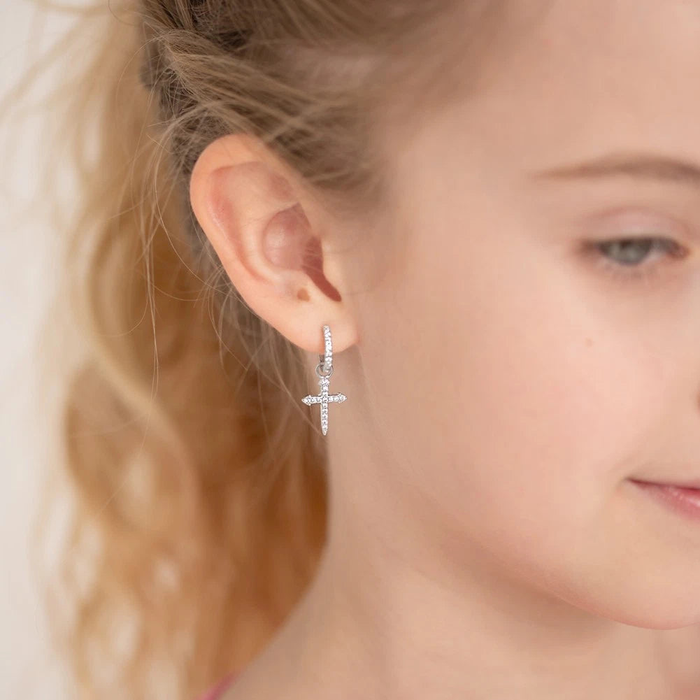 Sterling Silver CZ Cross Hoop Dangle Earrings for Teens