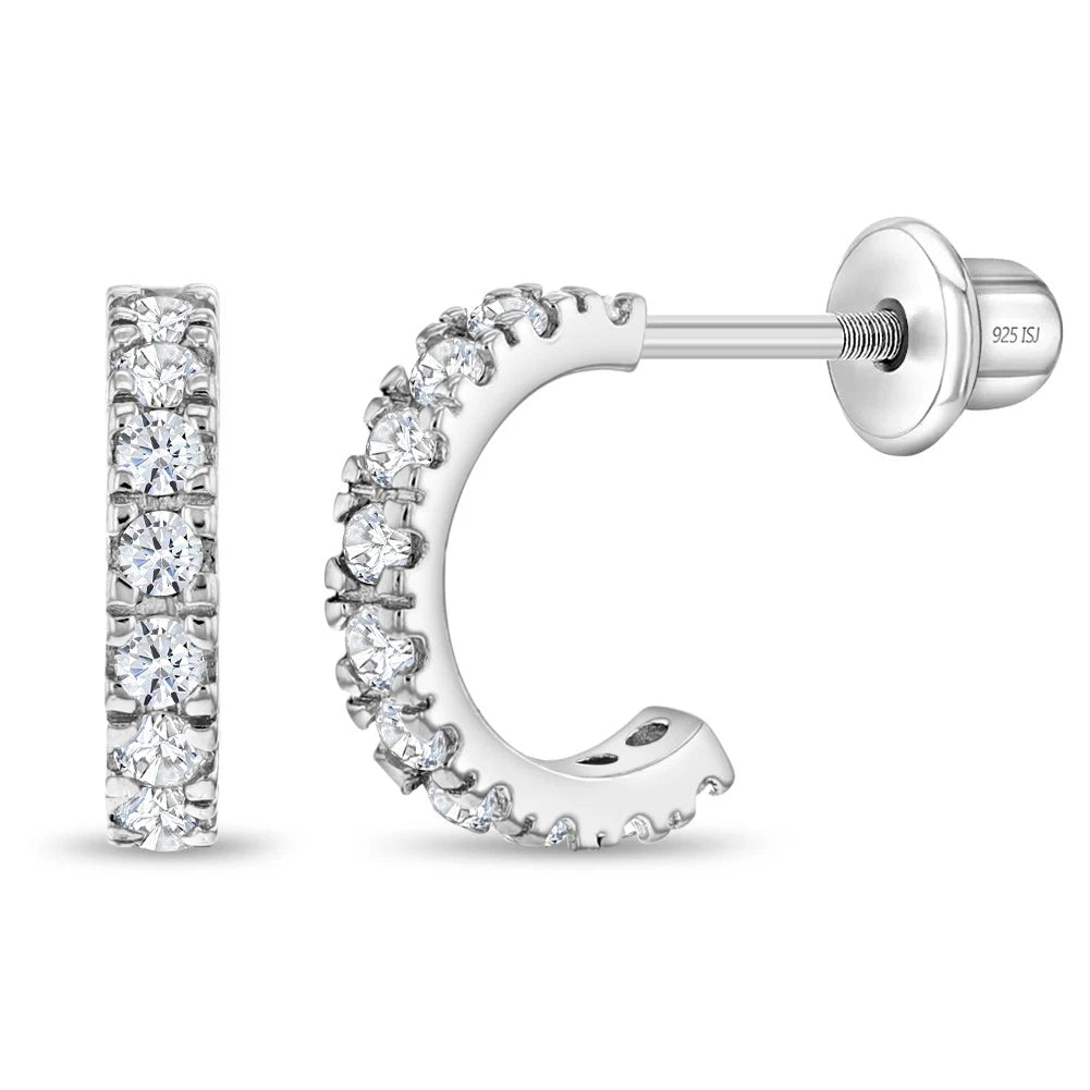 Sterling Silver CZ Half-Hoop Screw-Back Earrings for Teens