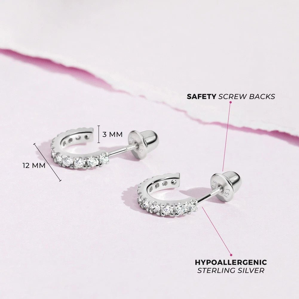 Sterling Silver CZ Half-Hoop Screw-Back Earrings for Teens