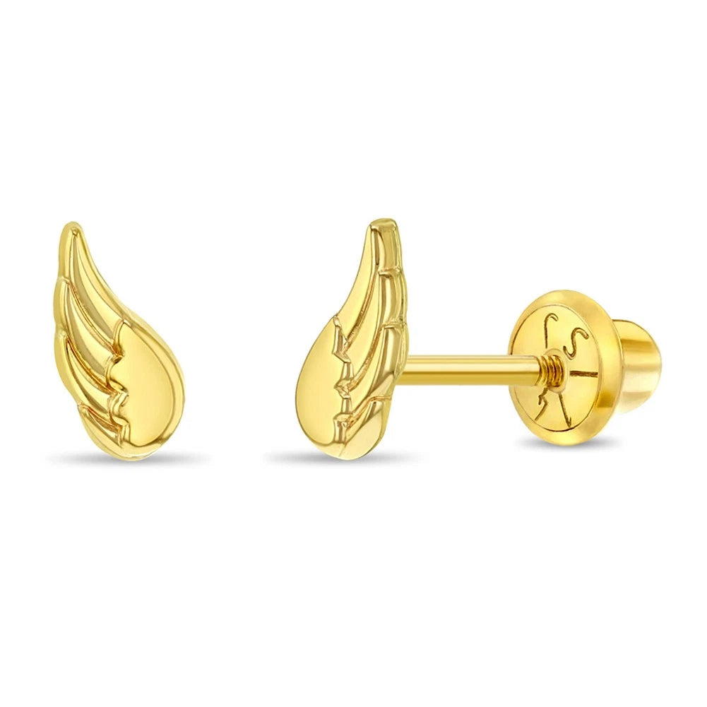 14K Gold Angel Wings Screw-Back Stud Earrings