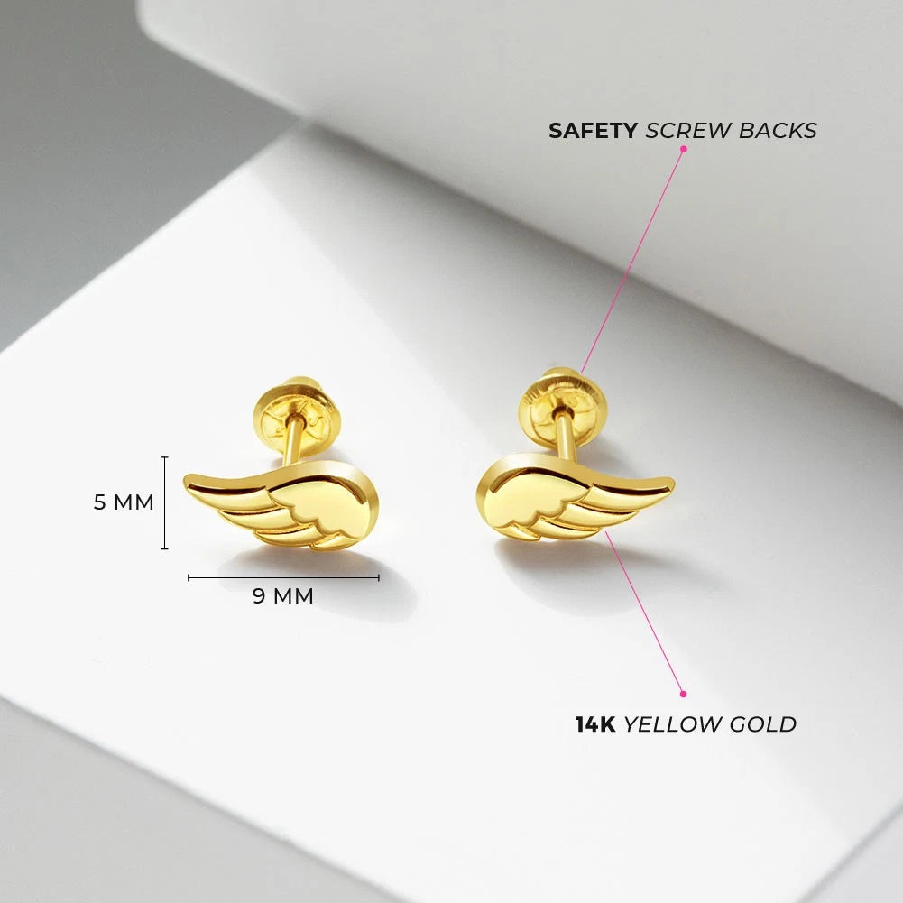 14K Gold Angel Wings Screw-Back Stud Earrings