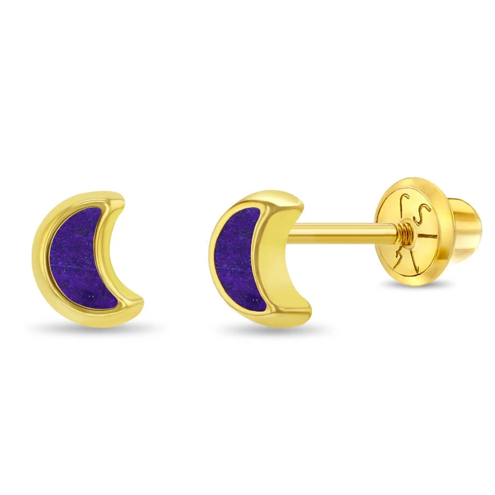 14K Gold Crescent Moon Lapis Screw-Back Stud Earrings