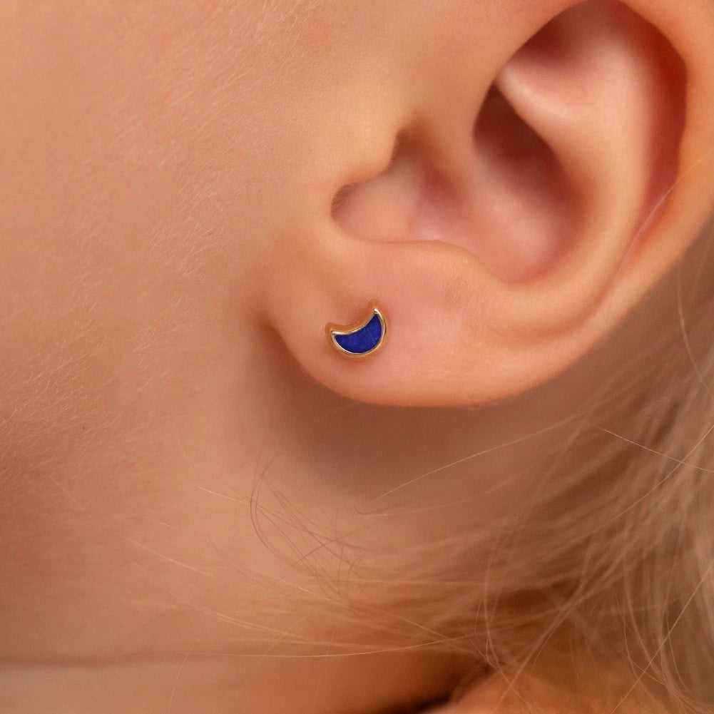 14K Gold Crescent Moon Lapis Screw-Back Stud Earrings
