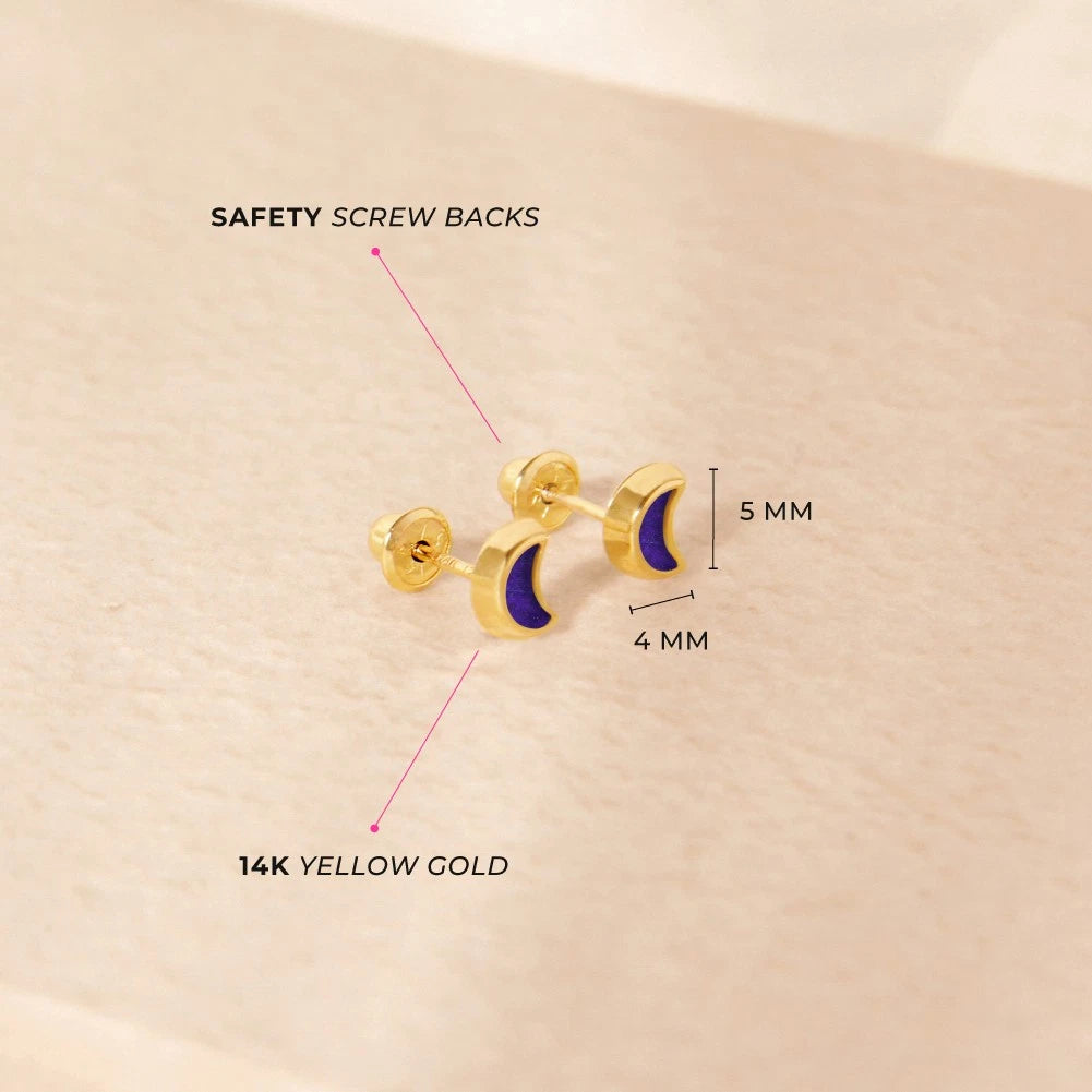 14K Gold Crescent Moon Lapis Screw-Back Stud Earrings
