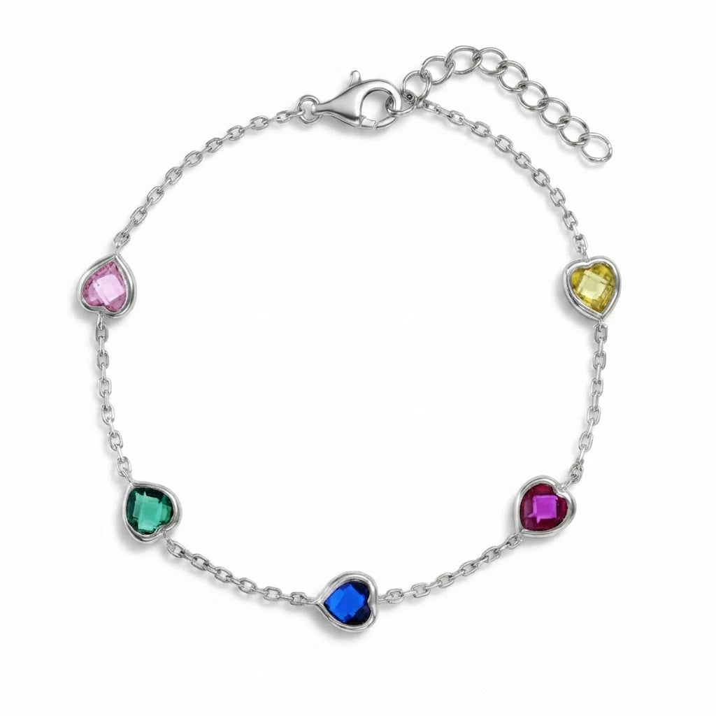Sterling Silver Rainbow Heart CZ Bracelet for Girls