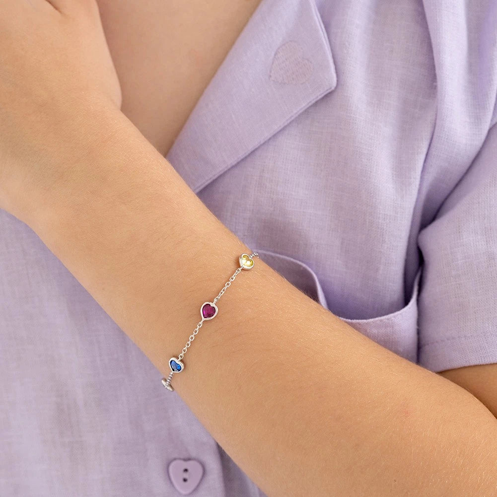 Sterling Silver Rainbow Heart CZ Bracelet for Girls