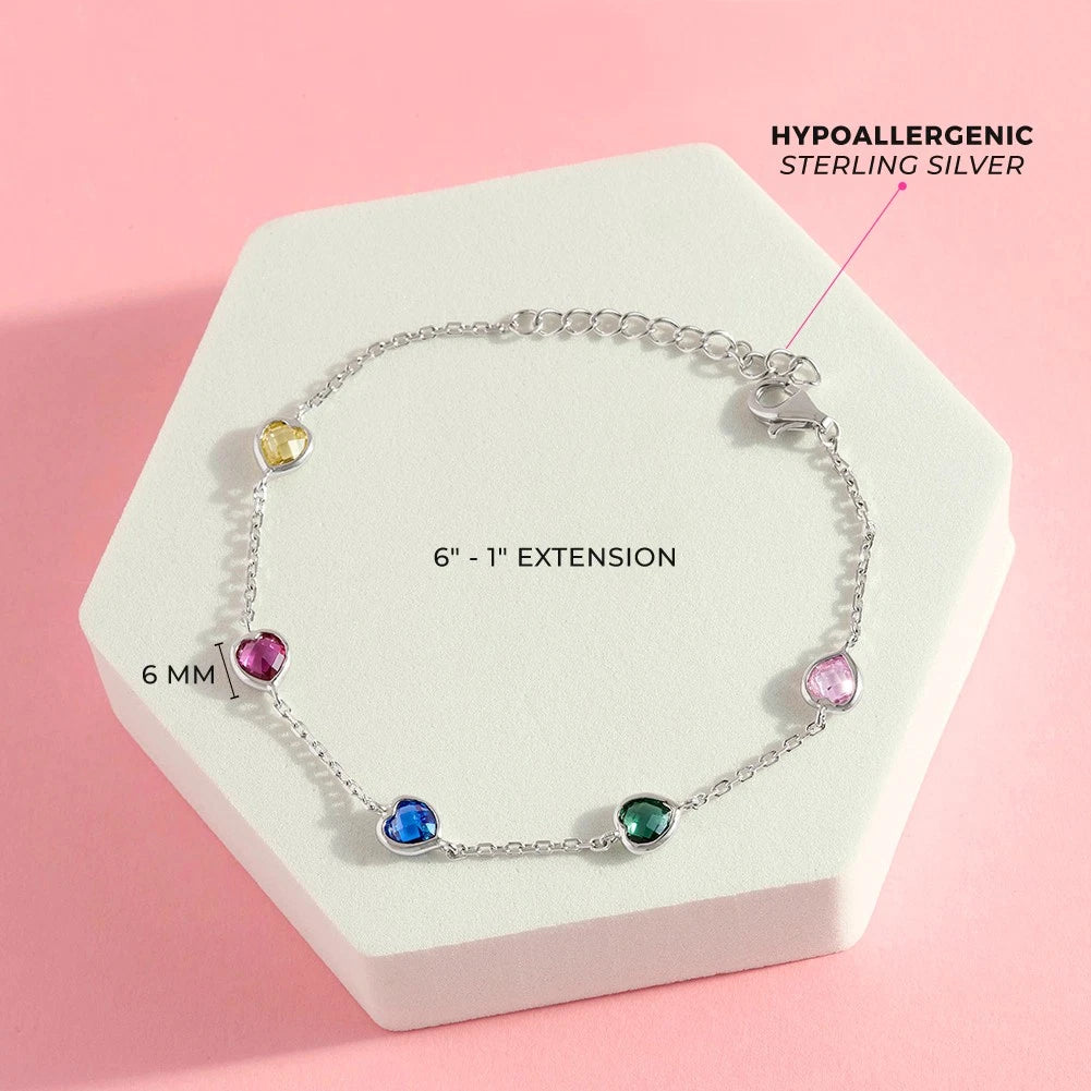 Sterling Silver Rainbow Heart CZ Bracelet for Girls