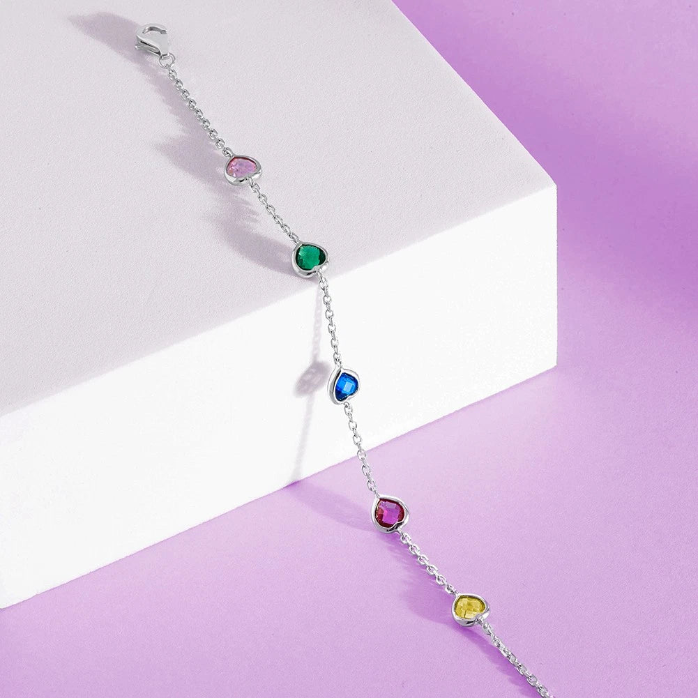 Sterling Silver Rainbow Heart CZ Bracelet for Girls