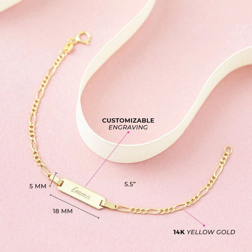 14K Gold Engravable Figaro ID Bracelet for Kids