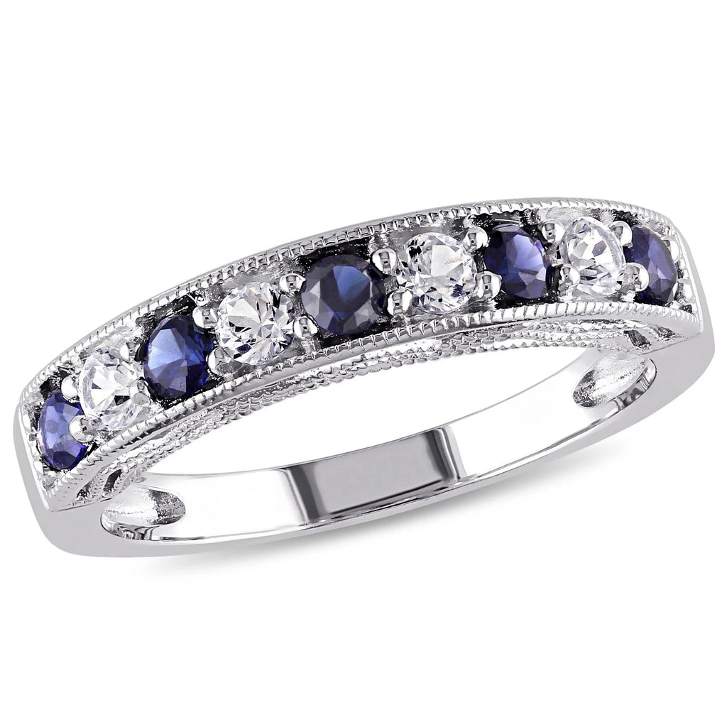 Created Blue Sapphire Semi-Eternity Ring in 925 Sterling Silver - photo 1
