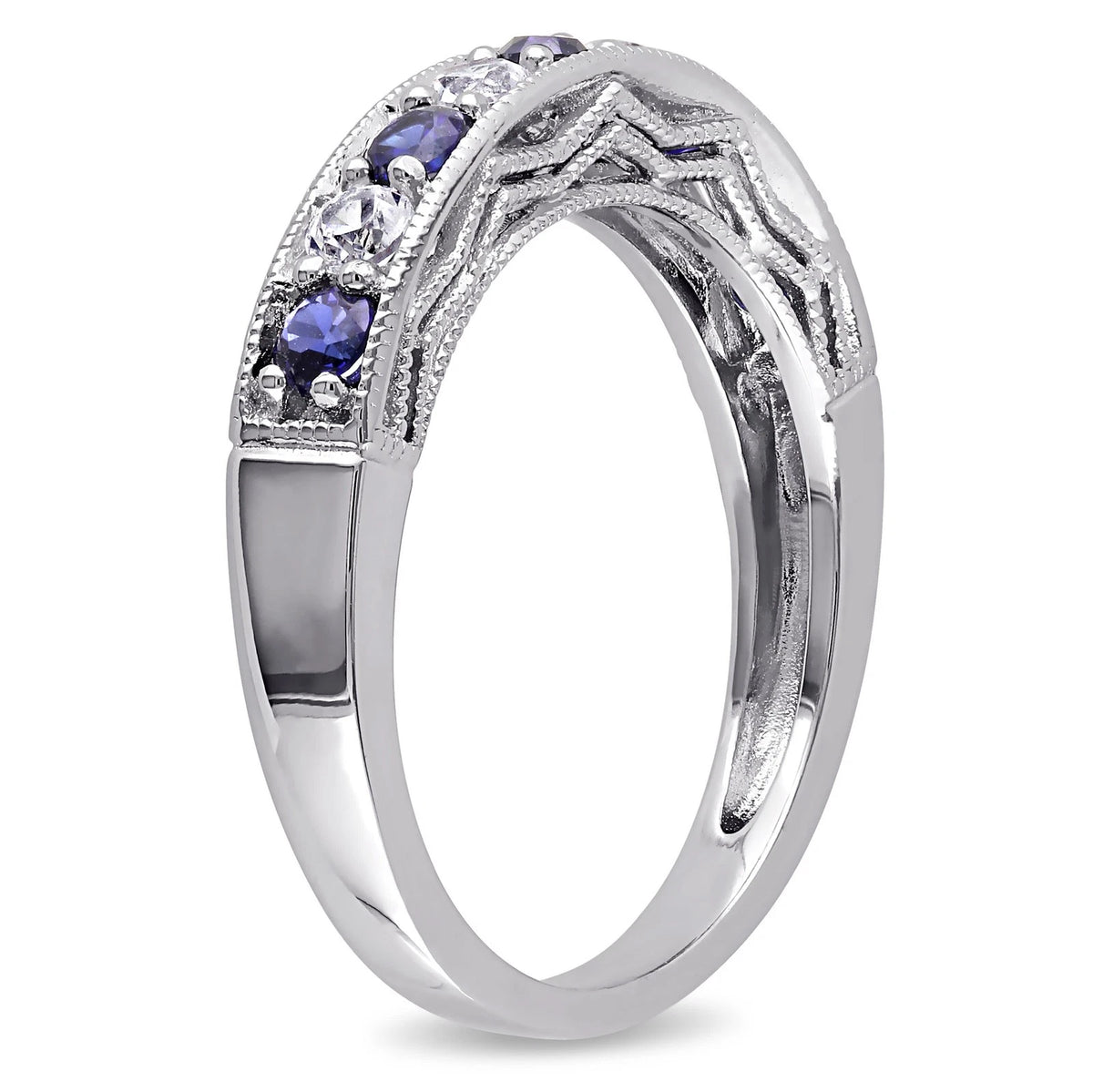 Created Blue Sapphire Semi-Eternity Ring in 925 Sterling Silver - photo 3