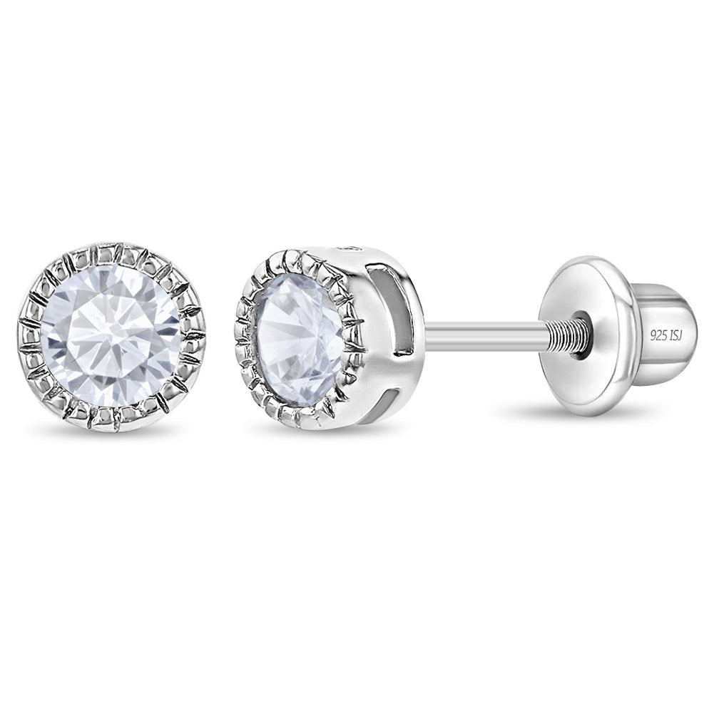 Classic Bezel Stud Earrings for Baby Girls — 925 Sterling Silver