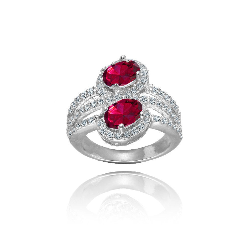 Created Ruby and White Topaz Oval Halo Ring in 925 Sterling Silver
