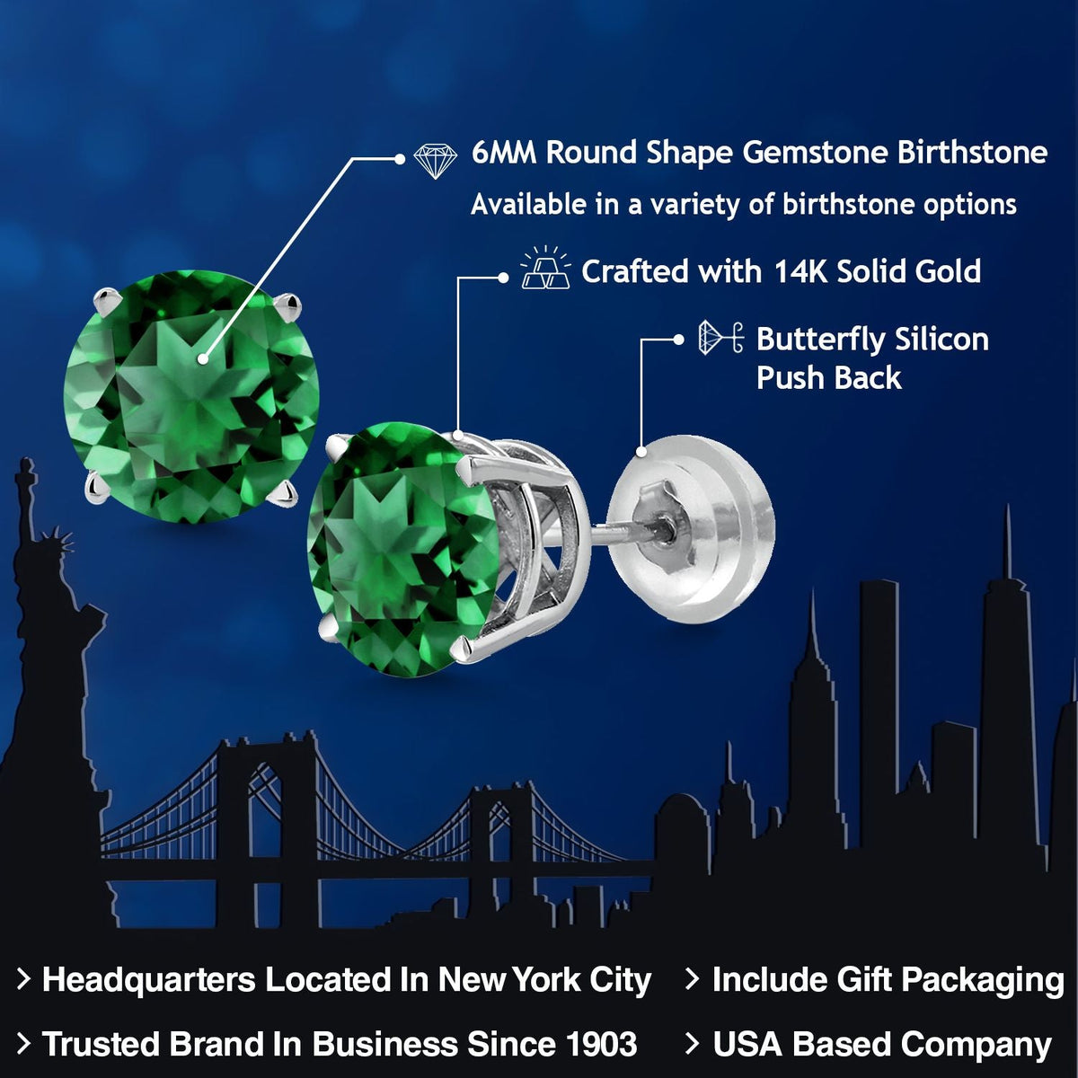 1.54 Carat Simulated Emerald Stud Earrings in Solid 14K White Gold