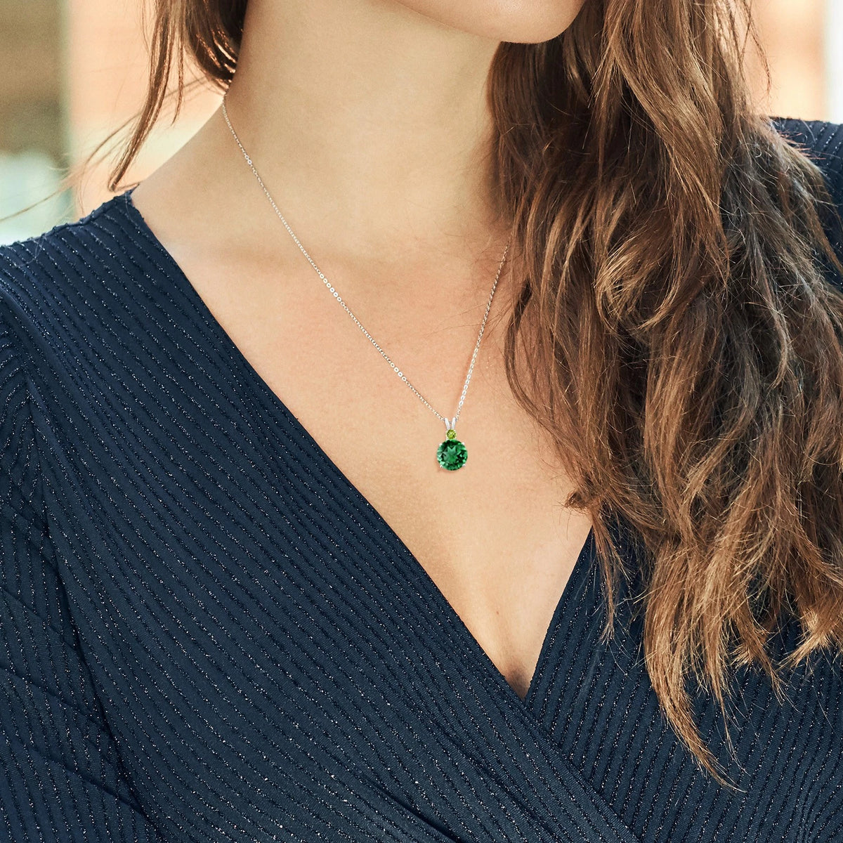 Nano Emerald Pendant Necklace with Natural Peridot Accent in 925 Sterling Silver