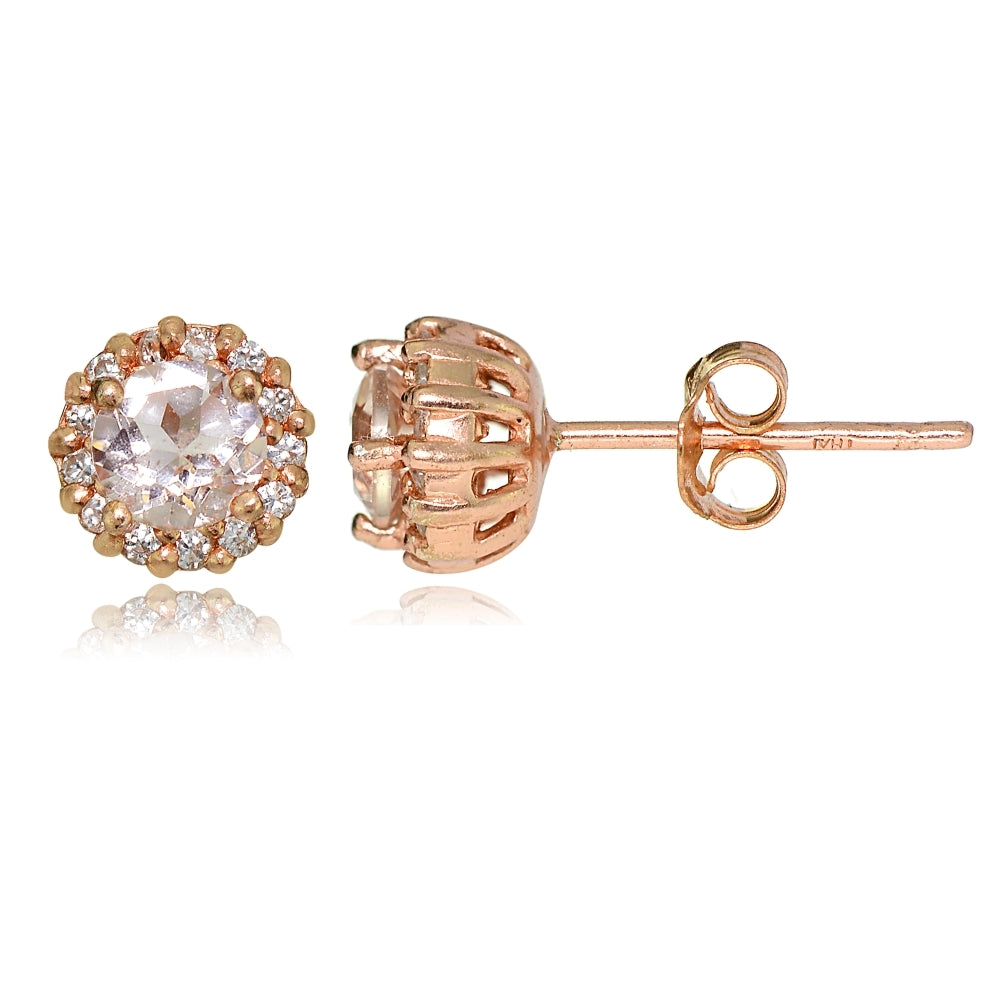 Natural Morganite Halo Stud Earrings in Sterling Silver