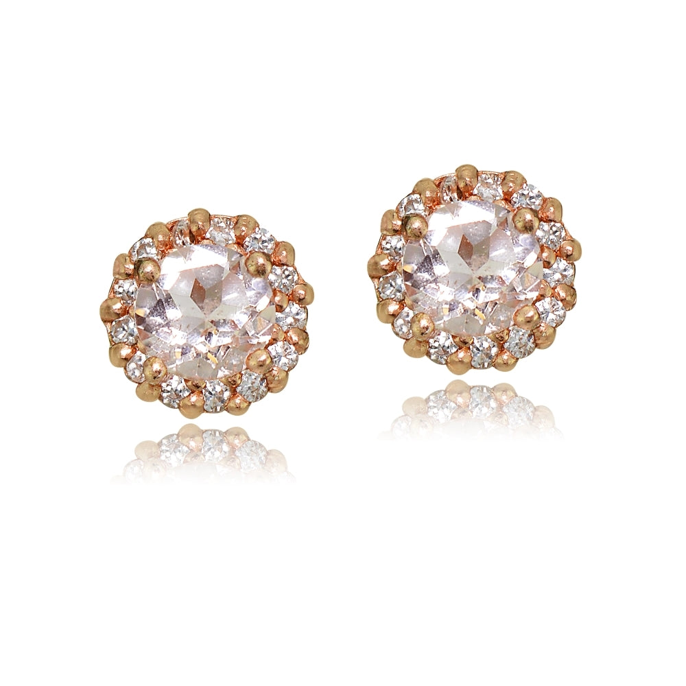 Natural Morganite Halo Stud Earrings in Sterling Silver